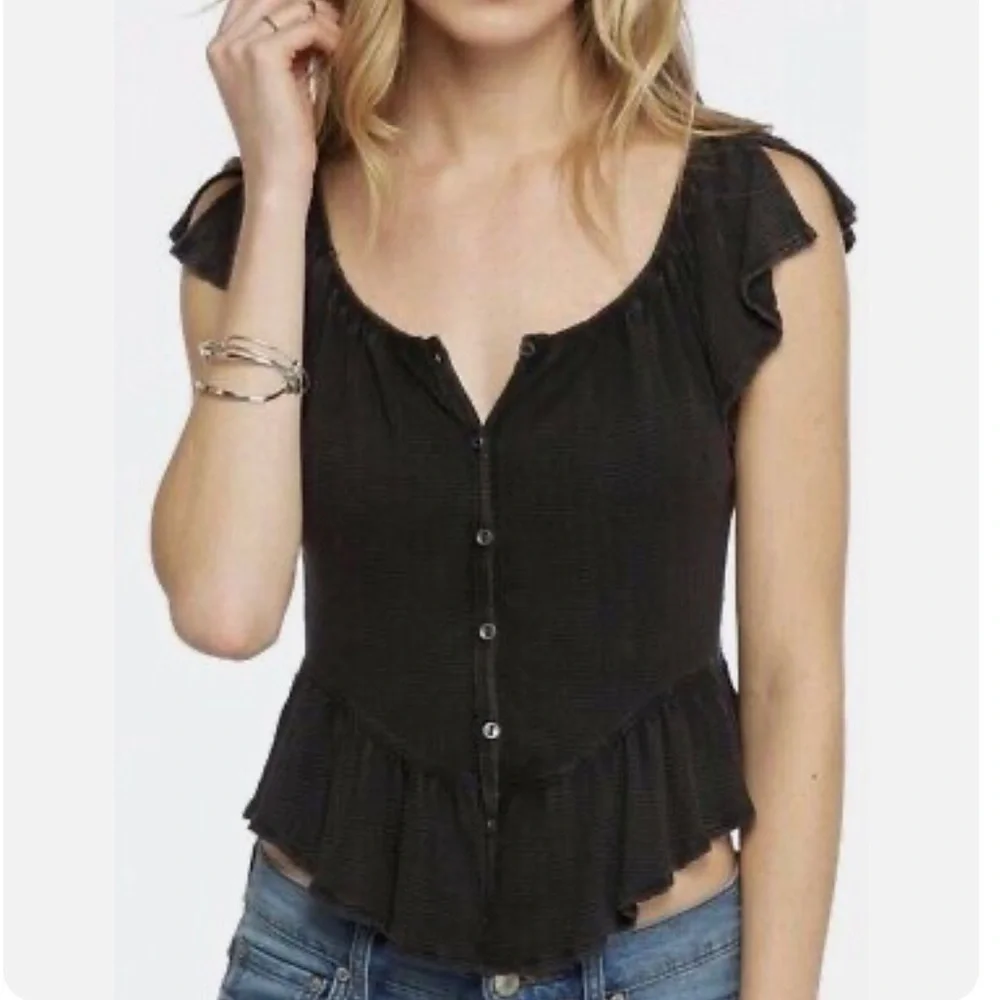 We The Free Mint Julep Off The Shoulder Ruffle Peasant Top Black Sz M